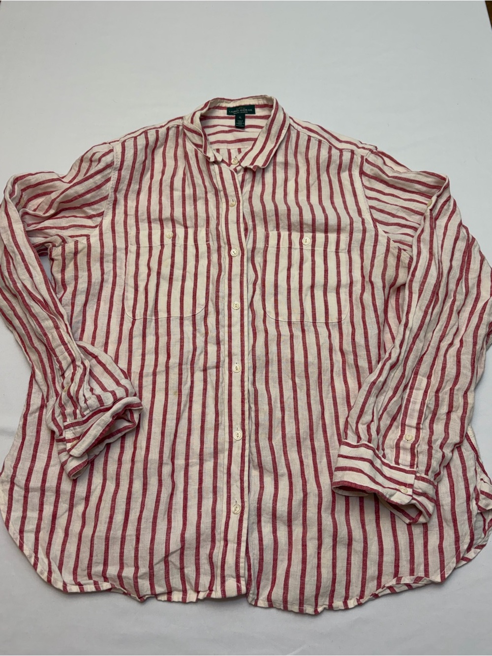 Lauren Jeans Co Ralph Lauren Red White Striped Linen Button Down Shirt Women XL